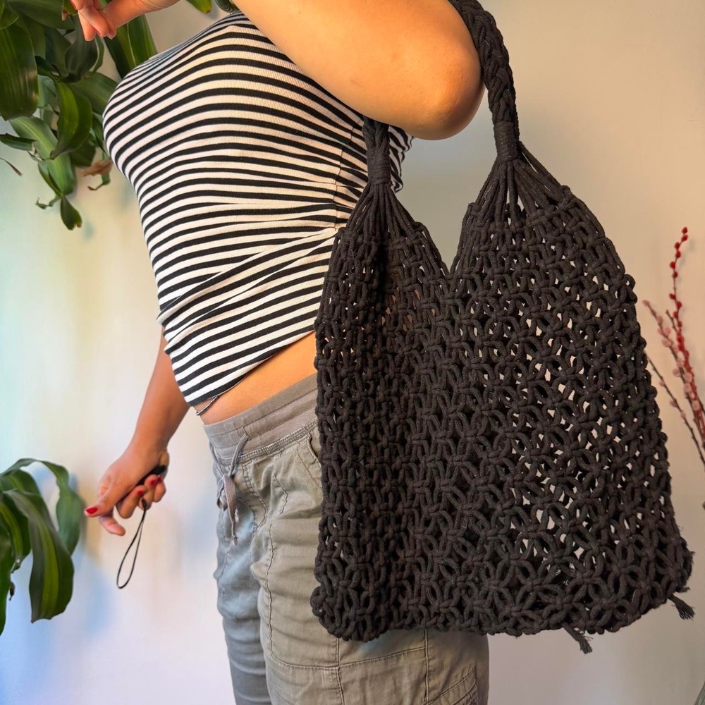 Black Crochet Whimsigoth Fairy Grunge Macrame Small Tote Bag Boho Beach Purse